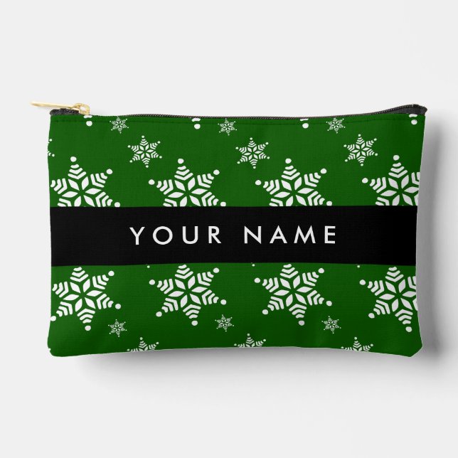 White Snowflakes, Green, Your name, Personalize Accessory Pouch (Front)