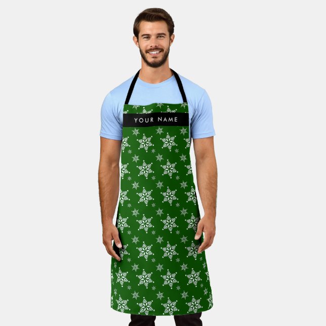 White Snowflakes, Green, Your name, Personalize Apron (Worn)