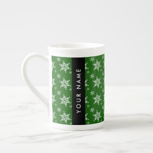 White Snowflakes, Green, Your name, Personalize Bone China Mug