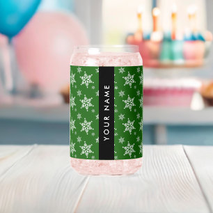 White Snowflakes, Green, Your name, Personalize Can Glass
