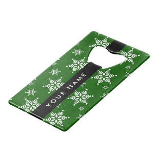 White Snowflakes, Green, Your name, Personalize Credit Card Bottle Opener