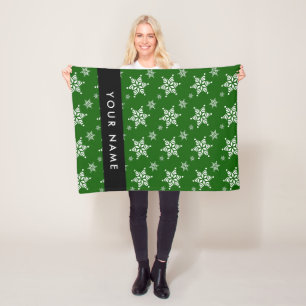 White Snowflakes, Green, Your name, Personalize Fleece Blanket