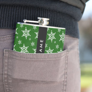 White Snowflakes, Green, Your name, Personalize Hip Flask