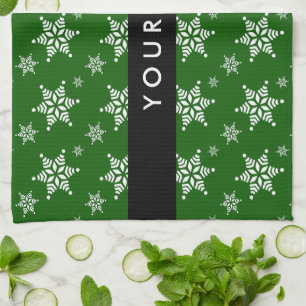 White Snowflakes, Green, Your name, Personalize Kitchen Towel