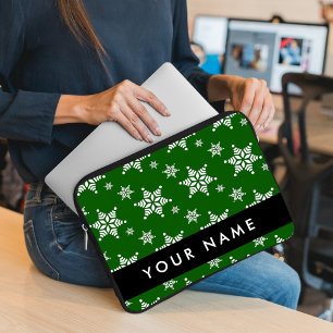 White Snowflakes, Green, Your name, Personalize Laptop Sleeve