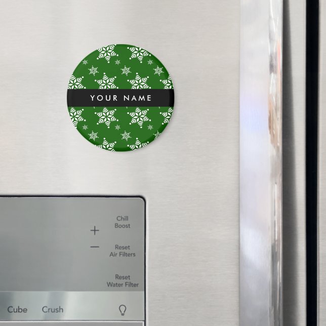 White Snowflakes, Green, Your name, Personalize Magnet (In Situ (Fridge))