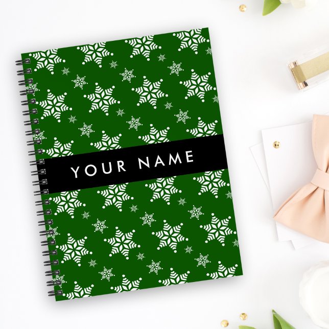 White Snowflakes, Green, Your name, Personalize Notebook (Creator Uploaded)