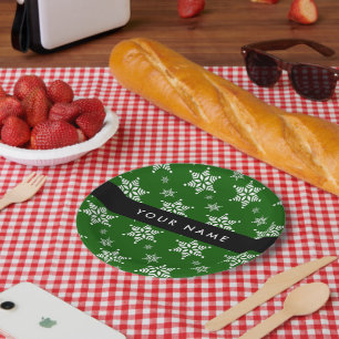 White Snowflakes, Green, Your name, Personalize Paper Plate