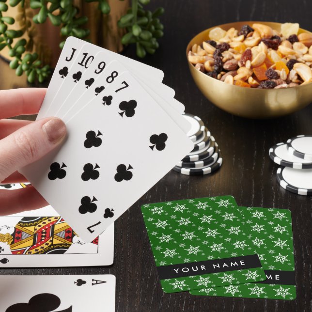 White Snowflakes, Green, Your name, Personalize Playing Cards (In Situ)