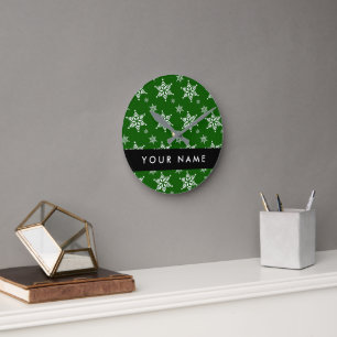 White Snowflakes, Green, Your name, Personalize Round Clock