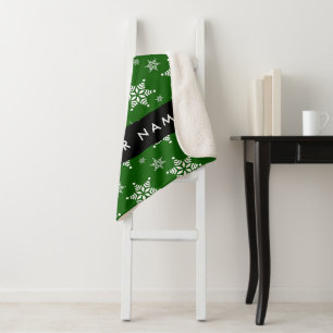 White Snowflakes, Green, Your name, Personalize Sherpa Blanket