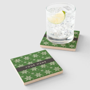 White Snowflakes, Green, Your name, Personalize Stone Coaster