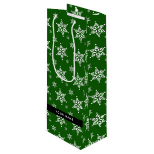 White Snowflakes, Green, Your name, Personalize Wine Gift Bag