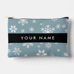 White Snowflakes, Grey, Your name, Personalize Accessory Pouch