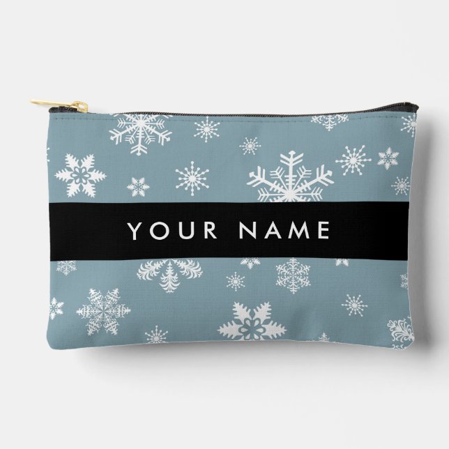 White Snowflakes, Grey, Your name, Personalize Accessory Pouch (Front)