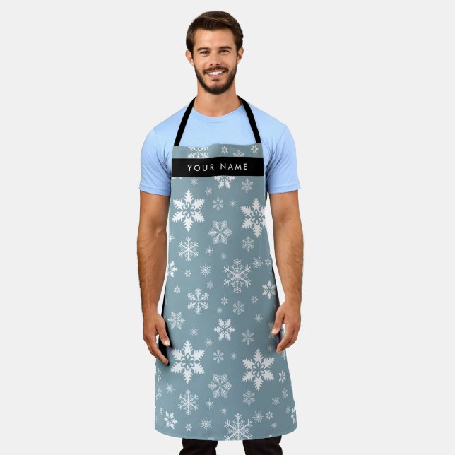 White Snowflakes, Grey, Your name, Personalize Apron (Worn)