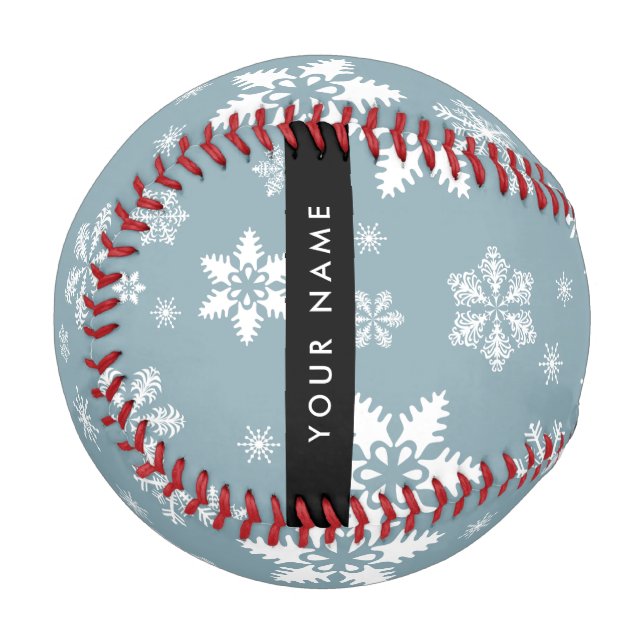White Snowflakes, Grey, Your name, Personalize Baseball (Front Left)