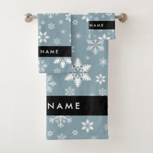 White Snowflakes, Grey, Your name, Personalize Bath Towel Set