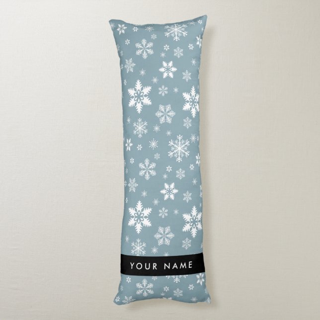 White Snowflakes, Grey, Your name, Personalize Body Pillow (Back (Vertical))