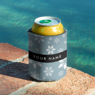 White Snowflakes, Grey, Your name, Personalize Can Cooler