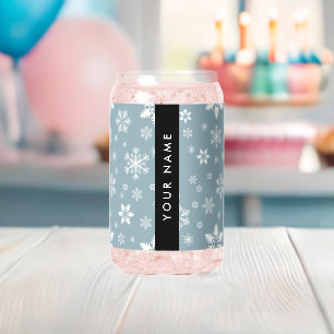 White Snowflakes, Grey, Your name, Personalize Can Glass