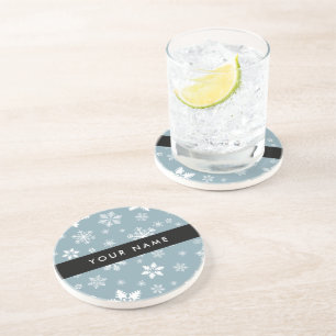 White Snowflakes, Grey, Your name, Personalize Coaster