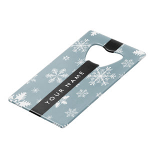White Snowflakes, Grey, Your name, Personalize Credit Card Bottle Opener