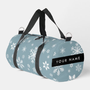 White Snowflakes, Grey, Your name, Personalize Duffle Bag