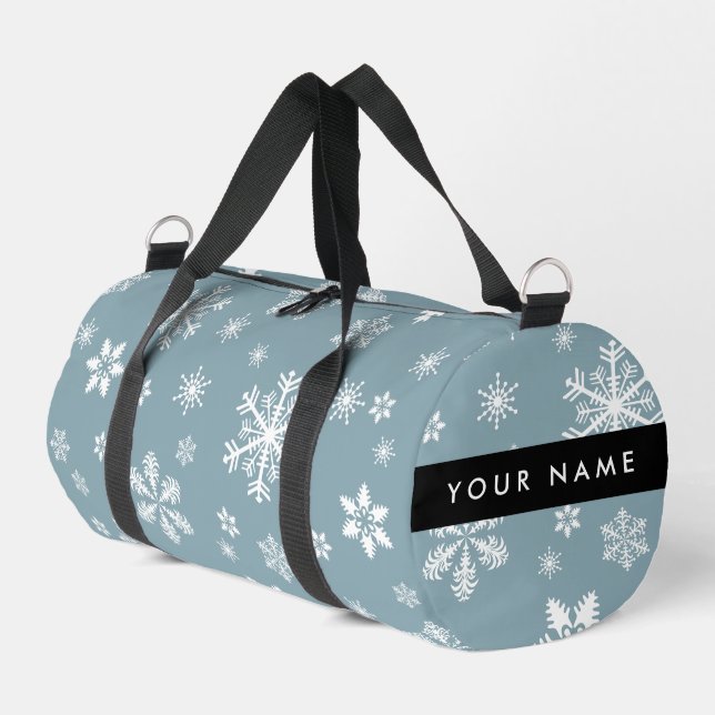 White Snowflakes, Grey, Your name, Personalize Duffle Bag (Left Corner)