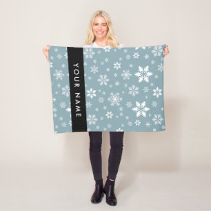 White Snowflakes, Grey, Your name, Personalize Fleece Blanket
