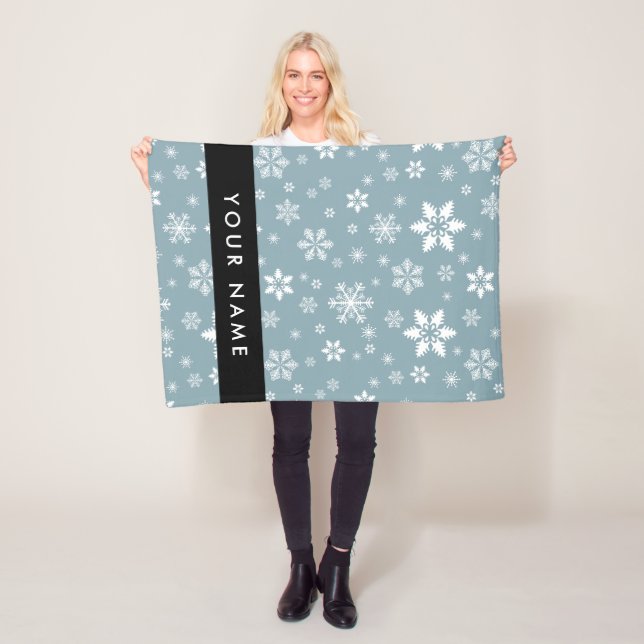 White Snowflakes, Grey, Your name, Personalize Fleece Blanket (In Situ)