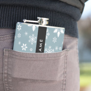 White Snowflakes, Grey, Your name, Personalize Hip Flask