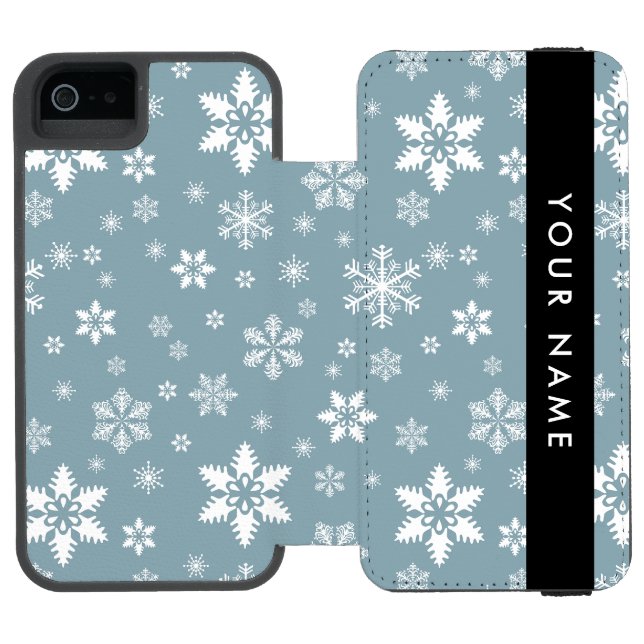 White Snowflakes, Grey, Your name, Personalize Incipio iPhone Wallet Case (Folio Open)