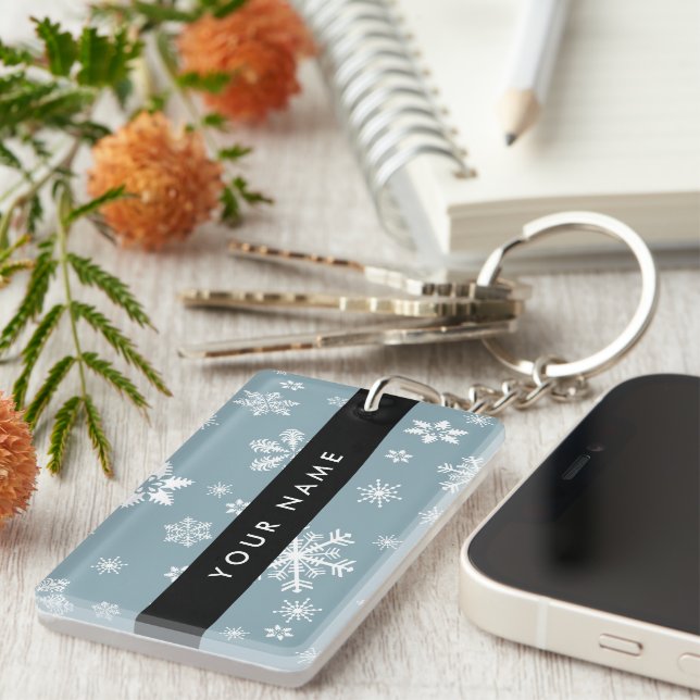 White Snowflakes, Grey, Your name, Personalize Keychain (Front Right)