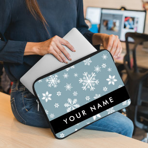White Snowflakes, Grey, Your name, Personalize Laptop Sleeve