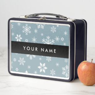 White Snowflakes, Grey, Your name, Personalize Metal Lunch Box
