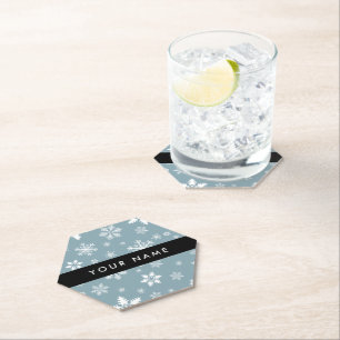 White Snowflakes, Grey, Your name, Personalize Paper Coaster
