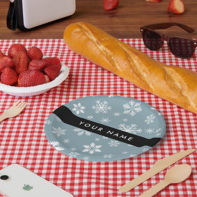 White Snowflakes, Grey, Your name, Personalize Paper Plate (Picnic)