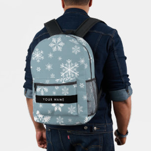 White Snowflakes, Grey, Your name, Personalize Printed Backpack