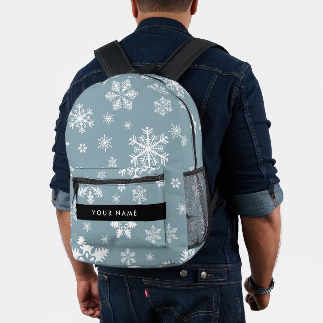 White Snowflakes, Grey, Your name, Personalize Printed Backpack (Insitu (Model))