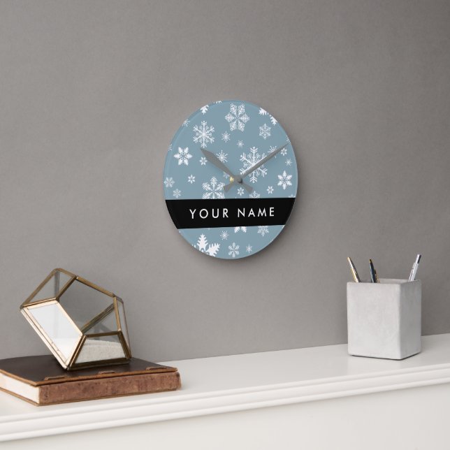 White Snowflakes, Grey, Your name, Personalize Round Clock (Office)