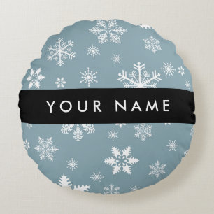 White Snowflakes, Grey, Your name, Personalize Round Pillow