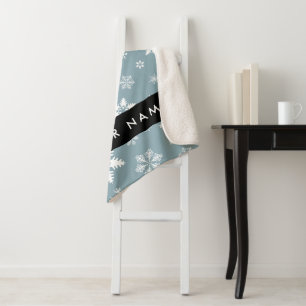 White Snowflakes, Grey, Your name, Personalize Sherpa Blanket