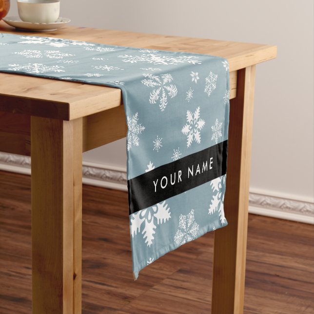 White Snowflakes, Grey, Your name, Personalize Short Table Runner (In Situ)