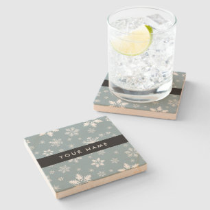 White Snowflakes, Grey, Your name, Personalize Stone Coaster