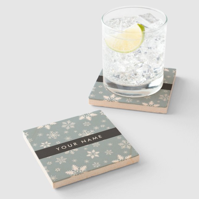 White Snowflakes, Grey, Your name, Personalize Stone Coaster (Side)