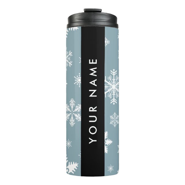 White Snowflakes, Grey, Your name, Personalize Thermal Tumbler (Front)