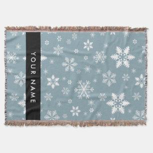 White Snowflakes, Grey, Your name, Personalize Throw Blanket