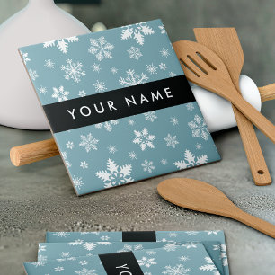 White Snowflakes, Grey, Your name, Personalize Tile