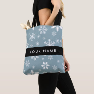 White Snowflakes, Grey, Your name, Personalize Tote Bag